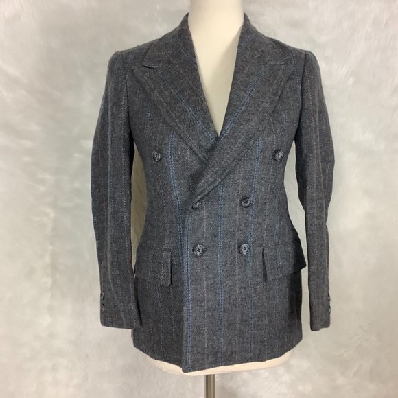 Vintage 60s Peak Collar Double Breasted Gray, Red & Blue Pinstripe Wool Blazer S - Picture 1 of 7